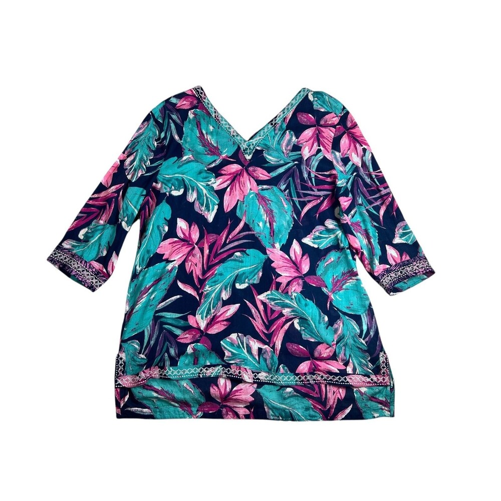 Christian Siriano NY Embroidered V-Neck Green & Blk Tropical Tunic Top Size XL